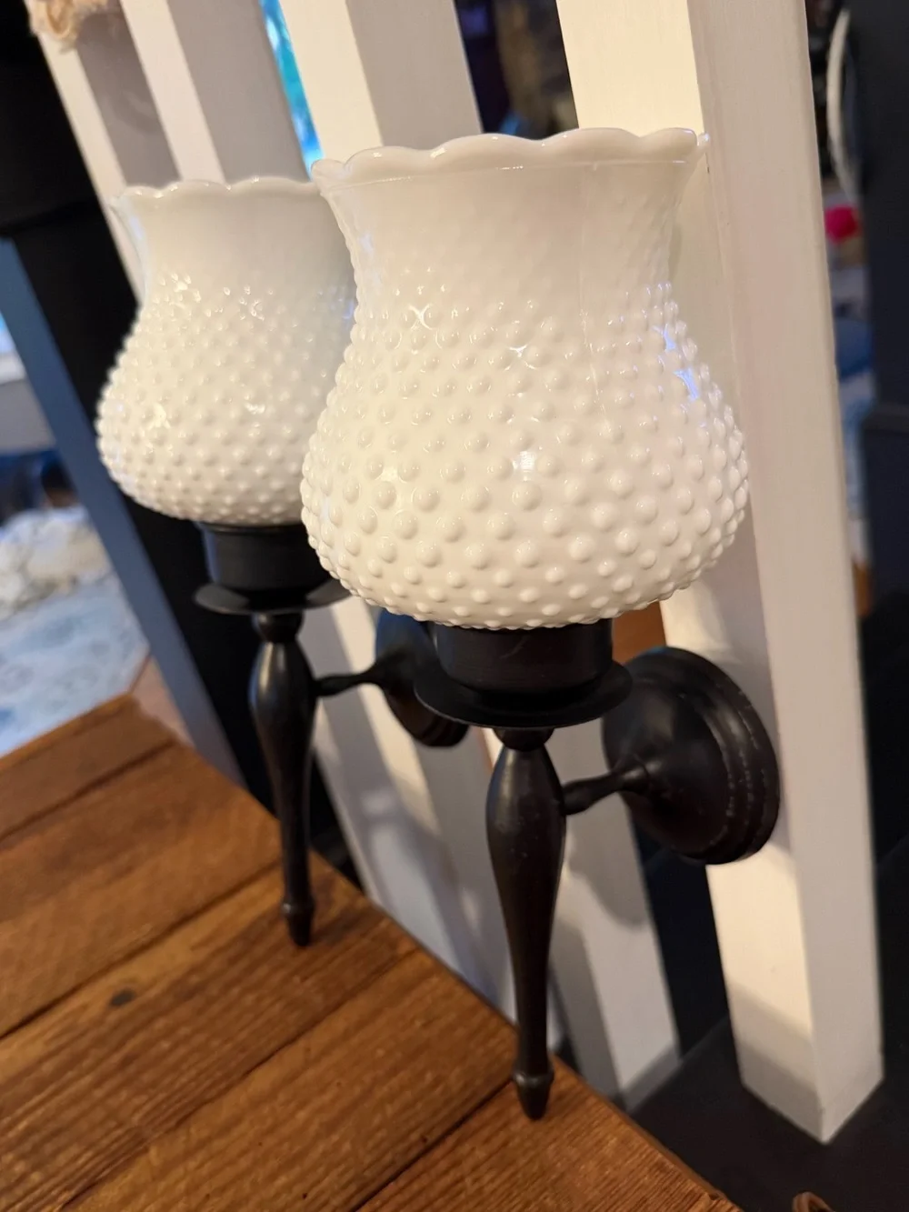 Vintage White Hobnail Glass Candle Wall Sconce with Black Metal Mounts